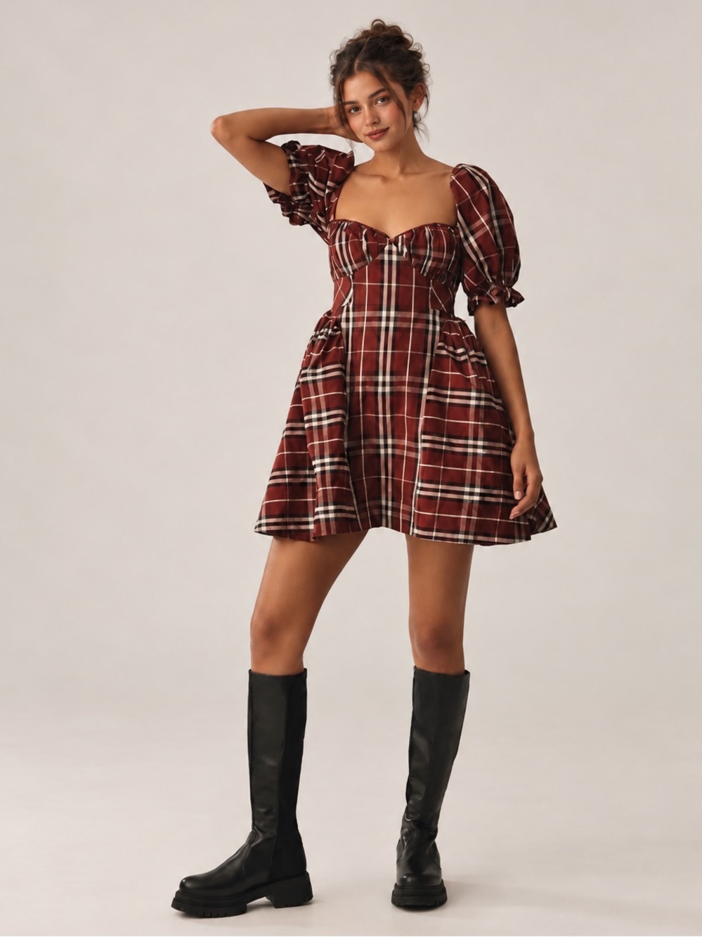 Anthropologie Maeve Plaid Puff Sleeve Mini Dress Red Black Size XS NWT